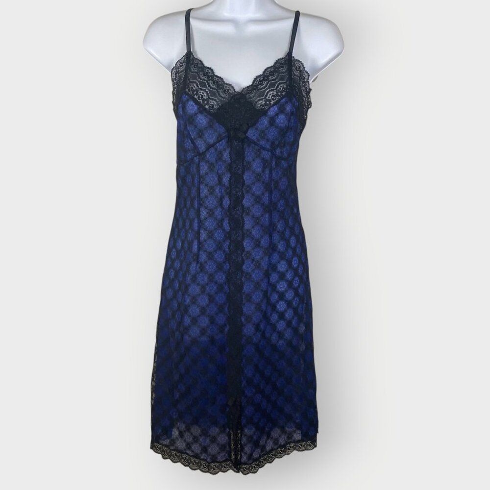 Vtg Perlon Slip Dress | 42 | Blue Black Lace | German Old Hollywood Glam Pinup